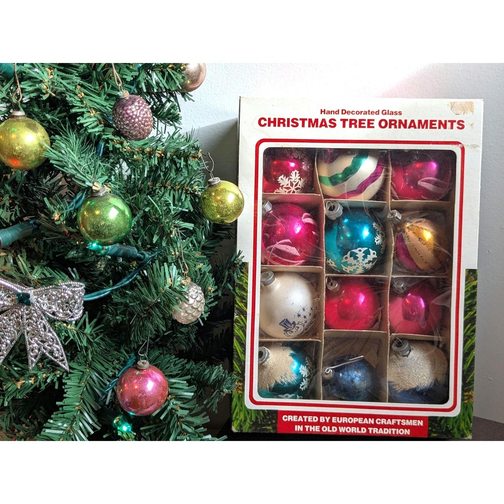 Vintage European Glass Christmas Ornaments Boxed Set of 12 Hand Decorated